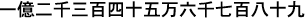 Texto en japonés correspondiente al numeral arábigo "123456789", usando un separador numeral en caracteres Kanji entre las decenas, centenas, unidades de millar, decenas de millar y unidades de millón