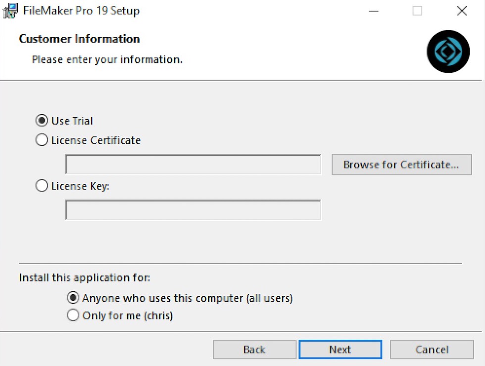 filemaker pro 15 license key location