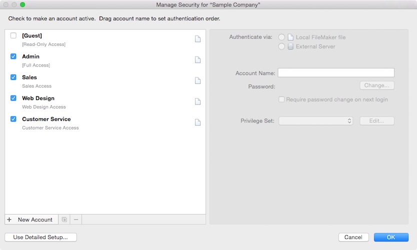 Basic Setup view for security in FileMaker Pro